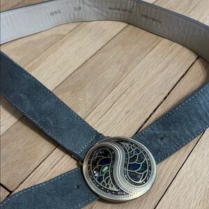 Gray suede Belt with Gold and Blue Buckle